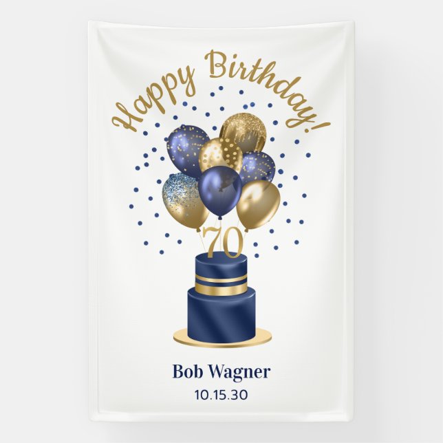 70th Birthday Navy Blue Balloon Cake Banner (Vertical)
