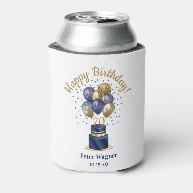 70th Birthday Navy Blue Balloon Cake Can Cooler (Can Back)