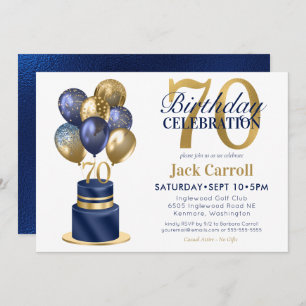 70th Birthday Navy Blue Balloon Cake Invitation