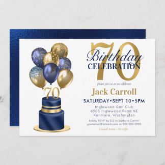 70th Birthday Navy Blue Balloon Cake Invitation