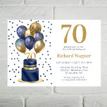 70th Birthday Navy Blue Balloon Cake Invitation<br><div class="desc">This fabulous men's 70th birthday party invitation featuring a 2-layer navy blue and gold cake with navy blue and gold balloons, the number 70 in gold and shiny blue confetti would be perfect for celebrating your husband, brother, dad, friend, co-worker. It is traditional and classic while being fresh, modern and...</div>