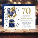70th Birthday Navy Blue Balloon Cake Invitation<br><div class="desc">This fabulous men's 70th birthday party invitation featuring a 2-layer navy blue and gold cake with navy blue and gold balloons, the number 70 in gold and shiny blue confetti would be perfect for celebrating your husband, brother, dad, friend, co-worker. It is traditional and classic while being fresh, modern and...</div>