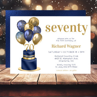 70th Birthday Navy Blue Balloon Cake Invitation