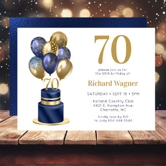 70th Birthday Navy Blue Balloon Cake Invitation