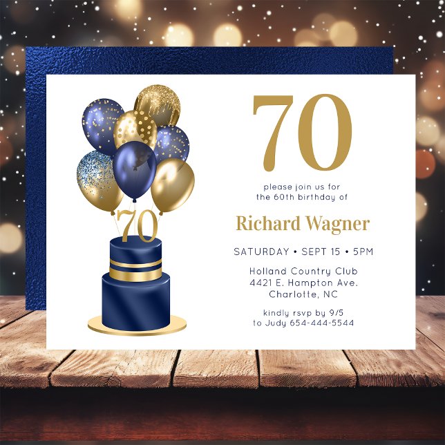 70th Birthday Navy Blue Balloon Cake Invitation (Creator Uploaded)