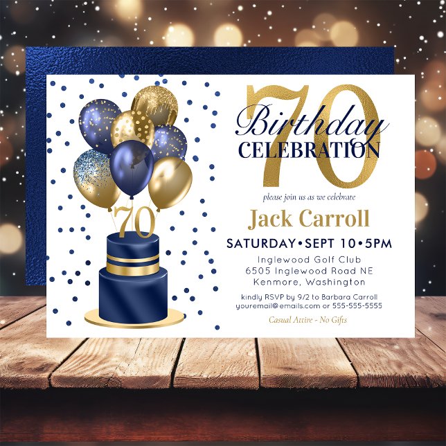 70th Birthday Navy Blue Balloon Cake Invitation (Creator Uploaded)