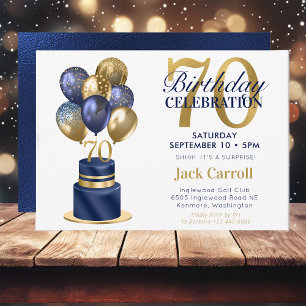 70th Birthday Navy Blue Balloon Cake Invitation
