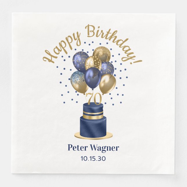 70th Birthday Navy Blue Balloon Cake Napkin (Front)