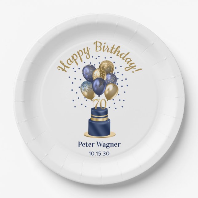70th Birthday Navy Blue Balloon Cake Paper Plate (Front)