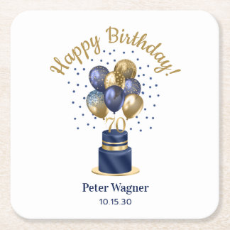 70th Birthday Navy Blue Balloon Cake Square Paper Coaster