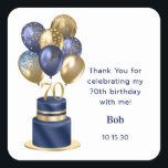 70th Birthday Navy Blue Balloon Cake Thank You Square Sticker<br><div class="desc">These modern 70th birthday party square thank you stickers featuring a 2-layer navy blue and gold cake with navy blue and gold balloons, the number 70 in gold, the guest of honour's name and the date of the party would be perfect for sticking on party favours after celebrating your husband,...</div>