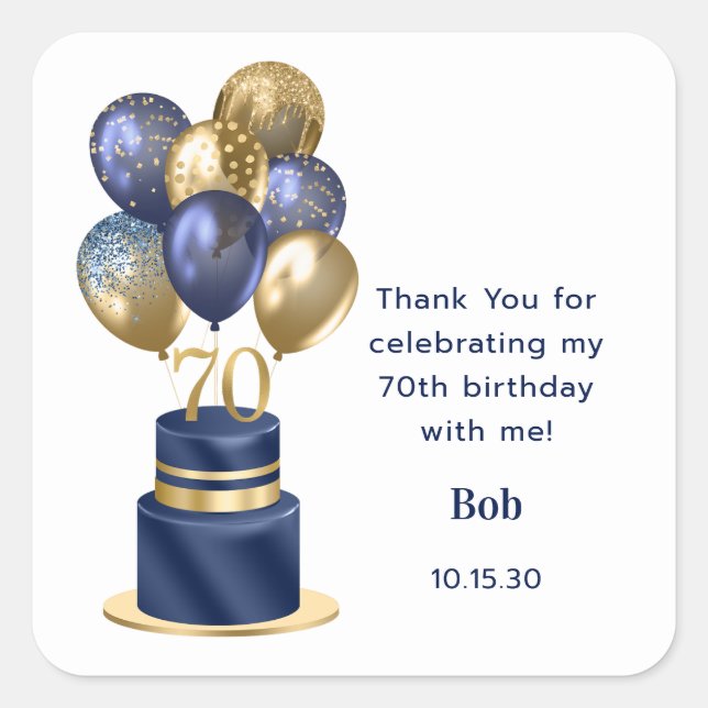 70th Birthday Navy Blue Balloon Cake Thank You Square Sticker (Front)
