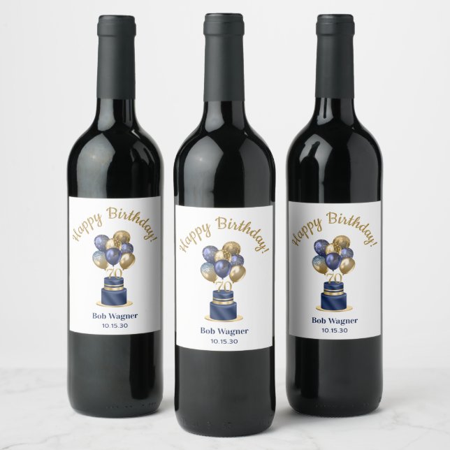 70th Birthday Navy Blue Balloon Cake Wine Label (Bottles)