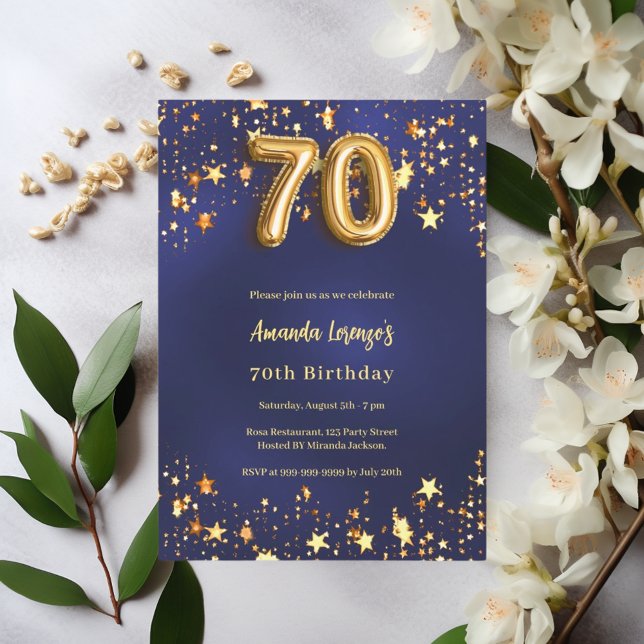 70th birthday navy blue gold stars invitation (Creator Uploaded)