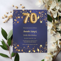 70th birthday navy blue gold stars invitation