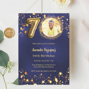 70th birthday navy blue gold stars photo invitation