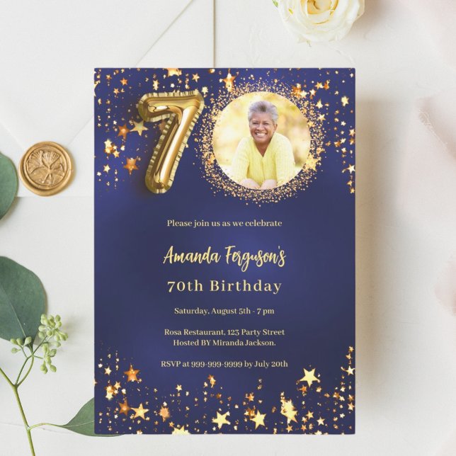70th birthday navy blue gold stars photo invitation (Creator Uploaded)