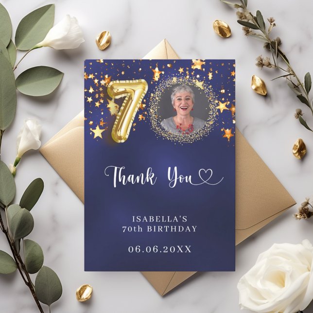 70th birthday navy blue gold stars photo thank you card (Creator Uploaded)
