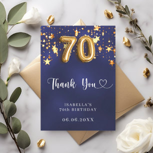 70th birthday navy blue gold stars thank you card