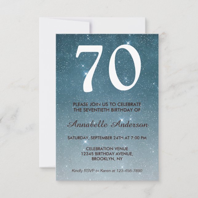 70th Birthday Navy Blue Midnight Sky Stars Glitter Invitation (Front)