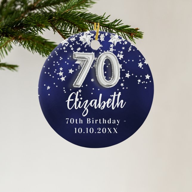 70th birthday navy blue silver stars ceramic tree decoration (Creator Uploaded)
