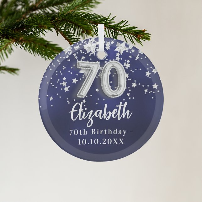 70th birthday navy blue silver stars glass tree decoration (Creator Uploaded)