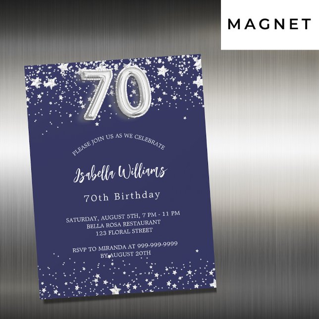 70th birthday navy blue silver stars luxury magnetic invitation (Creator Uploaded)