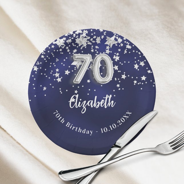70th Birthday navy blue silver stars Paper Plate (Creator Uploaded)