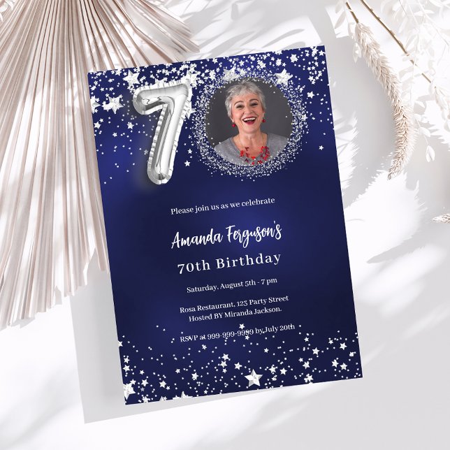 70th birthday navy blue silver stars photo invitation (Creator Uploaded)