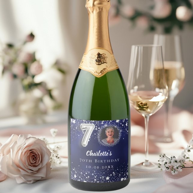 70th birthday navy blue silver stars photo sparkling wine label (Creator Uploaded)