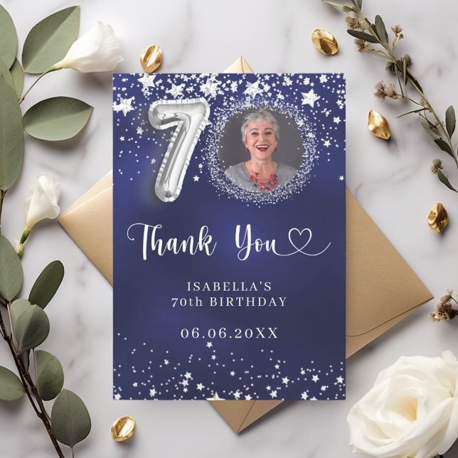 70th birthday navy blue silver stars photo thank you card (Creator Uploaded)