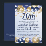 70th Birthday Navy Gold Balloons Party Invitation<br><div class="desc">A stylish 70th birthday Party Invitation . Design features navy blue and gold balloons, Gold glittery starts and navy blue text all on a pale blue gradient background. A lovely design inviting your guests to join you for a 70th birthday party celebration. Easy to customize with your own party details....</div>