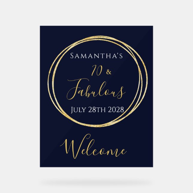 70th Birthday Navy Gold Birthday Party Welcome Acrylic Sign (Front)