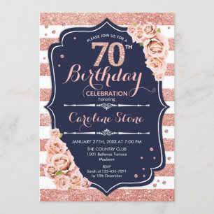 70th Birthday - Navy Rose Gold and White Stripes Invitation