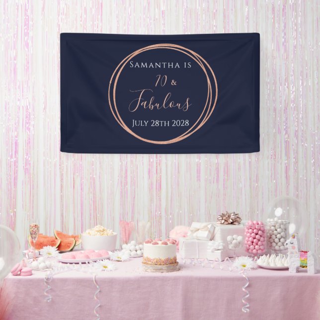 70th Birthday Navy Rose Gold Birthday Party Banner (Party)