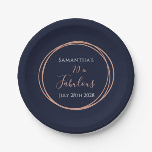 70th Birthday Navy Rose Gold Birthday Party Paper Plate