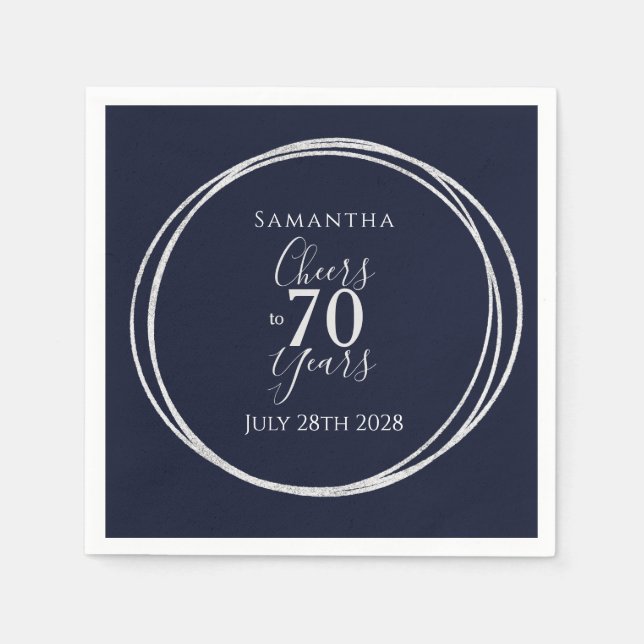 70th Birthday Navy Silver Cheers to 70 Years Party Napkin (Front)