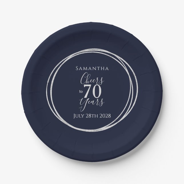 70th Birthday Navy Silver Cheers to 70 Years Party Paper Plate (Front)