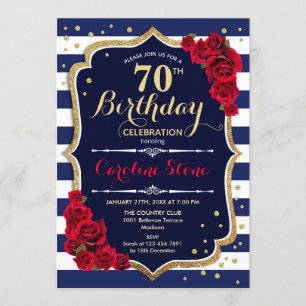 70th Birthday - Navy White Stripes and Red Roses Invitation