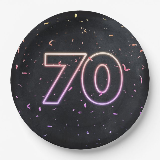 70th Birthday Neon Sign On Black Paper Plate (Front)
