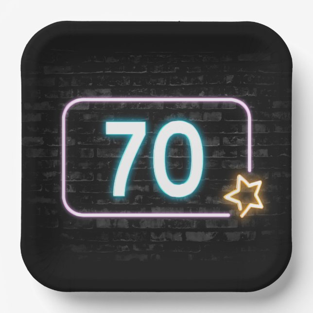 70th Birthday Neon Sign On Brick  Paper Plate (Front)