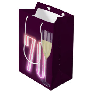70th Birthday Neon Sign with Wine  Medium Gift Bag