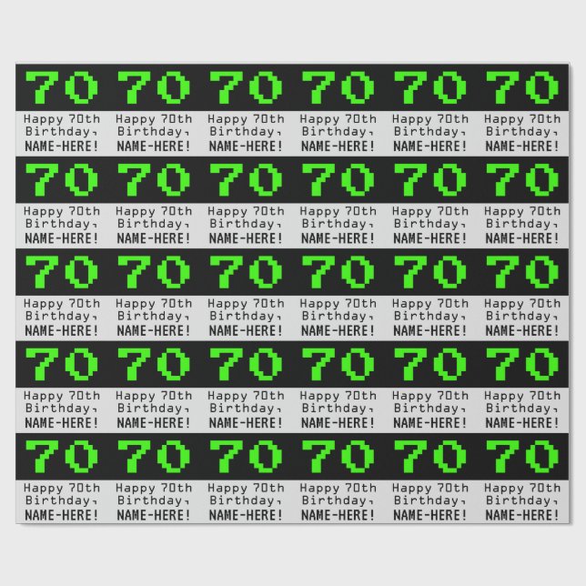 70th Birthday - Nerdy / Geeky Style "70" and Name Wrapping Paper (Flat)