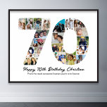 70th Birthday Number 70 Photo Collage Anniversary Poster<br><div class="desc">Mark seventy years of wonderful memories and adventures with this captivating 70th Birthday Number Photo Collage. This customisable template is the perfect blend of creativity and sentiment, allowing you to create a truly memorable gift for your loved one's special day. Capture the essence of ten incredible years in a single...</div>