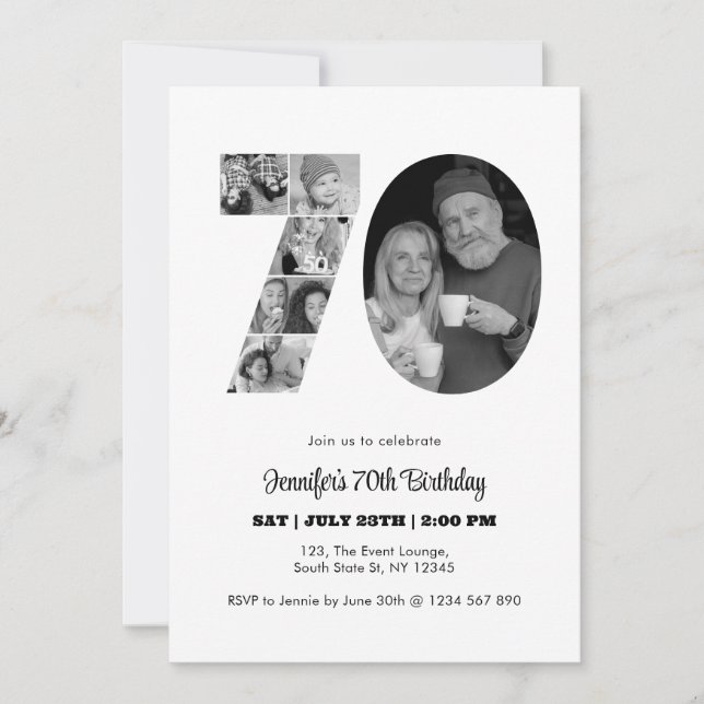 70th Birthday Number 70 Photo Collage Black White Invitation (Front)