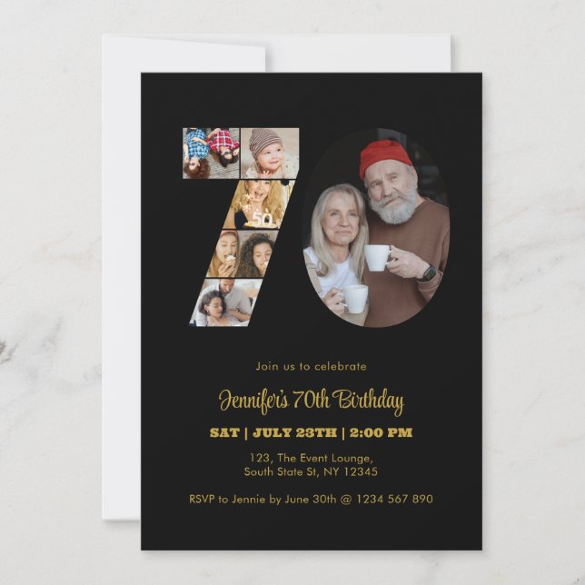 70th Birthday Number 70 Photo Collage Modern Black Invitation (Front)