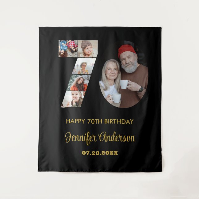 70th Birthday Number 70 Photo Collage Modern Black Tapestry (Front)