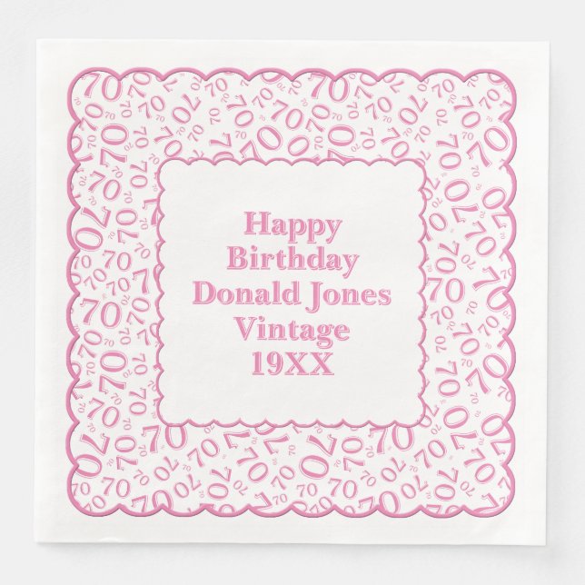 70th Birthday Number Pattern Scallops Pink/White Napkin (Front)