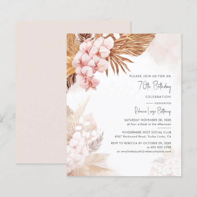 70th Birthday Pampas Grass Floral Party Invitation (Front/Back)