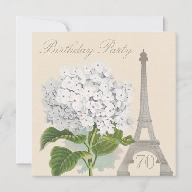 70th Birthday Paris Vintage White Hydrangea Flower Invitation (Front)